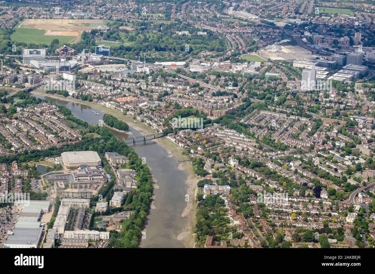 Aerial view of the River Thames as it flows between Kew and Brentford in West London on a sunny summer day.The National Archives are to the bottom lef Stock Photo