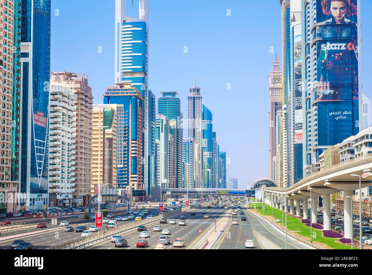 Dubai skyline with Sheikh Zayed Road traffic and skyscrapers on Dubai Skyline Dubai City United Arab Emirates UAE Middle East Stock Photo