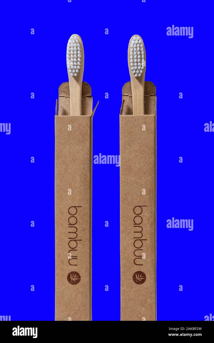 Bamboo toothbrushes by Bambuu company, an eco-friendly, plastic-free product. Zero waste toothbrush. Stock Photo