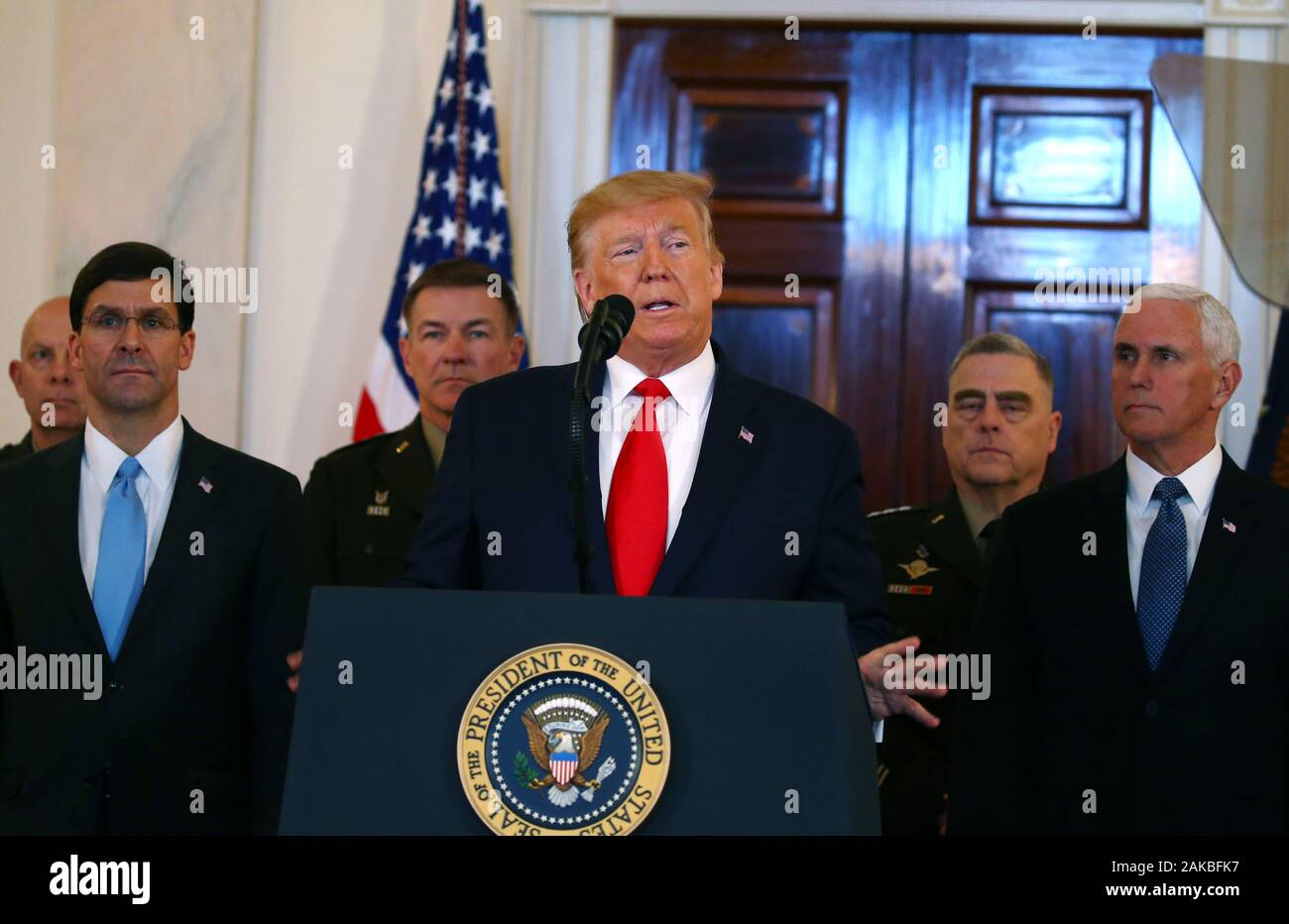 Washington, United States. 08th Jan, 2020. President Donald Trump delivers remarks on the Iraqi-Iranian situation in the Grand Foyer at the White House in Washington, DC on Wednesday, January 8, 2020. Trump responded to the Iranian missile attacks on U.S.-Iraqi airbases in Iraq. Photo by Tasos Katopodis/UPI Credit: UPI/Alamy Live News Stock Photo