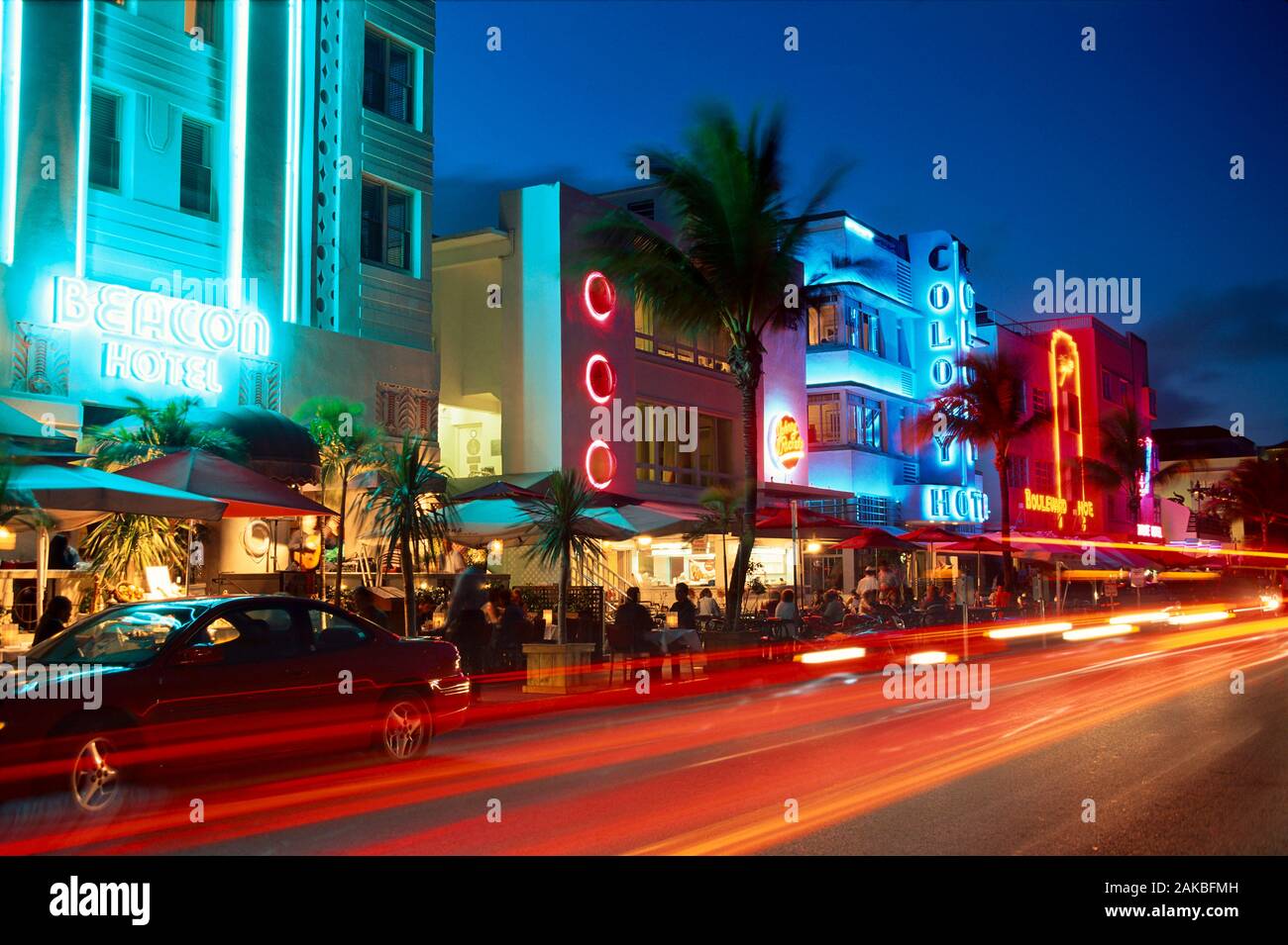 Ocean Drive at night, Miami Beach, Florida, USA Stock Photo