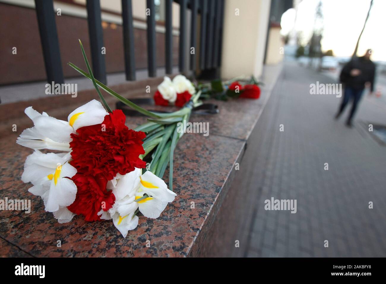 Flowers in memory of victims of the Boeing 737 crash in Iran close to the Embassy of Canada. Ukrainian Boeing 737 crashed after taking off from Tehran's airport on 8 January 2020, as media reported. Stock Photo
