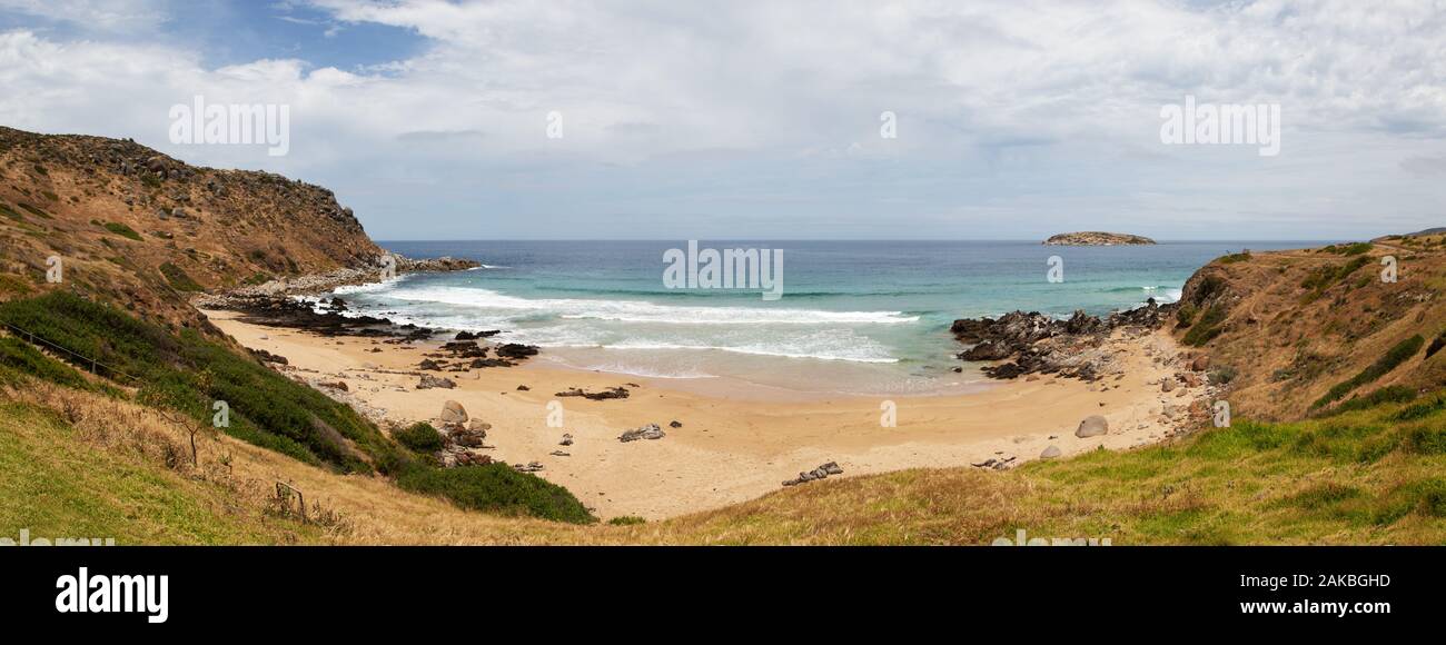 Australia landscape - Petrel Cove near Victor Harbor on the coast of South Australia - panoramic view of the ocean and beach. Stock Photo