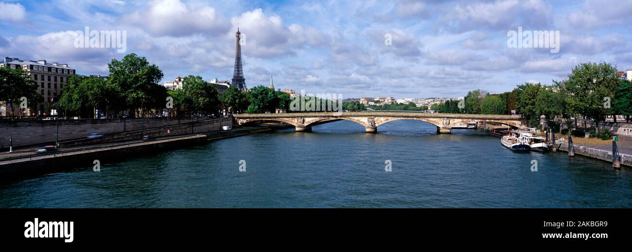 Pont des Invalides bridge and Eiffel Tower seen from Seine River, Paris, France Stock Photo