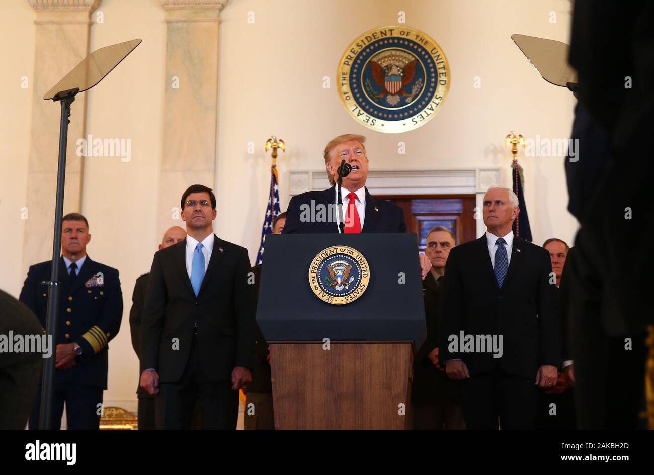 Washington, United States. 08th Jan, 2020. President Donald Trump delivers remarks on the Iraqi-Iranian situation in the Grand Foyer at the White House in Washington, DC on Wednesday, January 8, 2020. Trump responded to the Iranian missile attacks on U.S.-Iraqi airbases in Iraq. Photo by Tasos Katopodis/UPI Credit: UPI/Alamy Live News Stock Photo