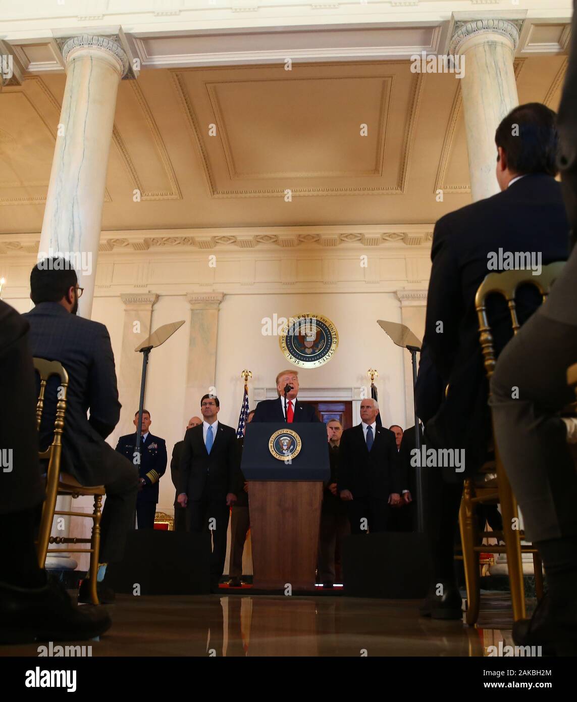 Washington, United States. 08th Jan, 2020. President Donald Trump delivers remarks on the Iraqi-Iranian situation in the Grand Foyer at the White House in Washington, DC on Wednesday, January 8, 2020. Trump responded to the Iranian missile attacks on U.S.-Iraqi airbases in Iraq. Photo by Tasos Katopodis/UPI Credit: UPI/Alamy Live News Stock Photo