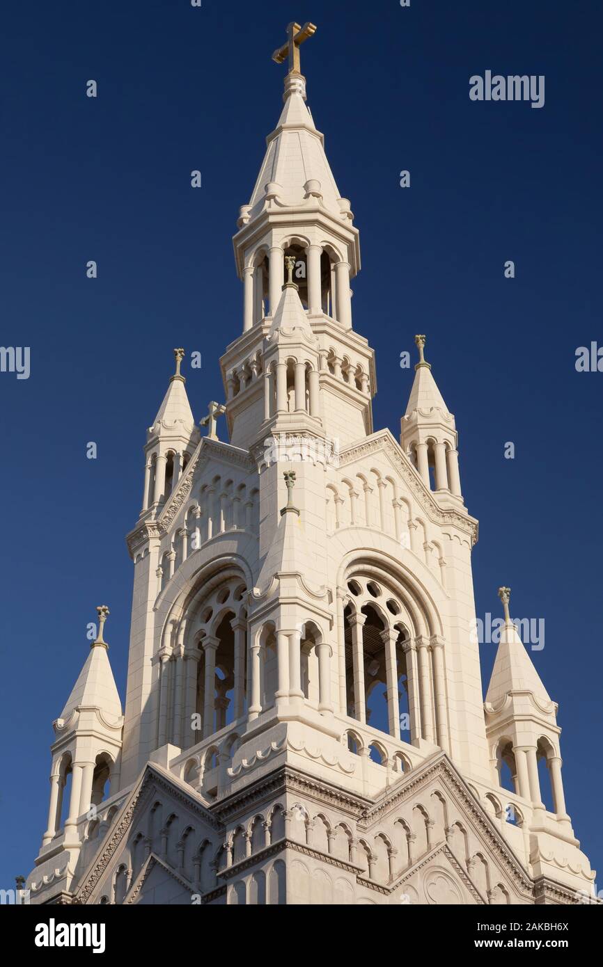 Spire of Saints Peter and Paul Church in San Francisco, California, USA. Stock Photo