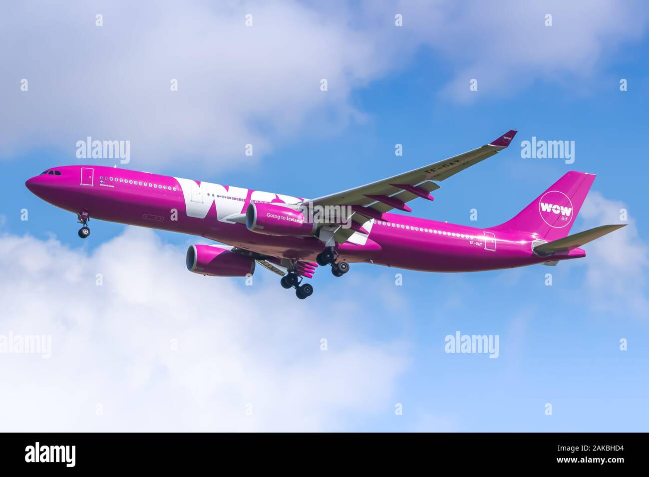 Paris, France - August 17, 2018: Wow Air Airbus A330 airplane at Paris Charles de Gaulle airport (CDG) in France. Airbus is an aircraft manufacturer f Stock Photo