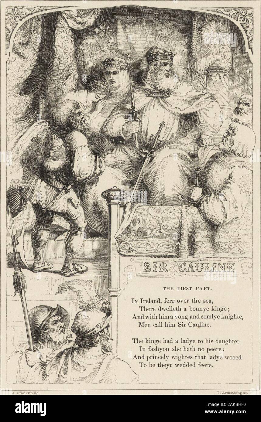The book of British ballads . eover, a river at Monmouth. The opening passage of Dr. Percys ballad is very remarkable: In Ireland far over the sea. Now the superstition on which the ballad is constructed—the Eldridge Knight—is un-known in Ireland; and in fact not one of the incidents or allusions bear the remotestaffinity to Irish customs — ancient or modern. The concealed love of Sir Cauline forthe Lady Christabelle will remind the reader of the gentle Squyer of lowe degr§That lovd the kings daughter of Hungre. But the progress of the story, and its ultimate issue, are altogether different. T Stock Photo