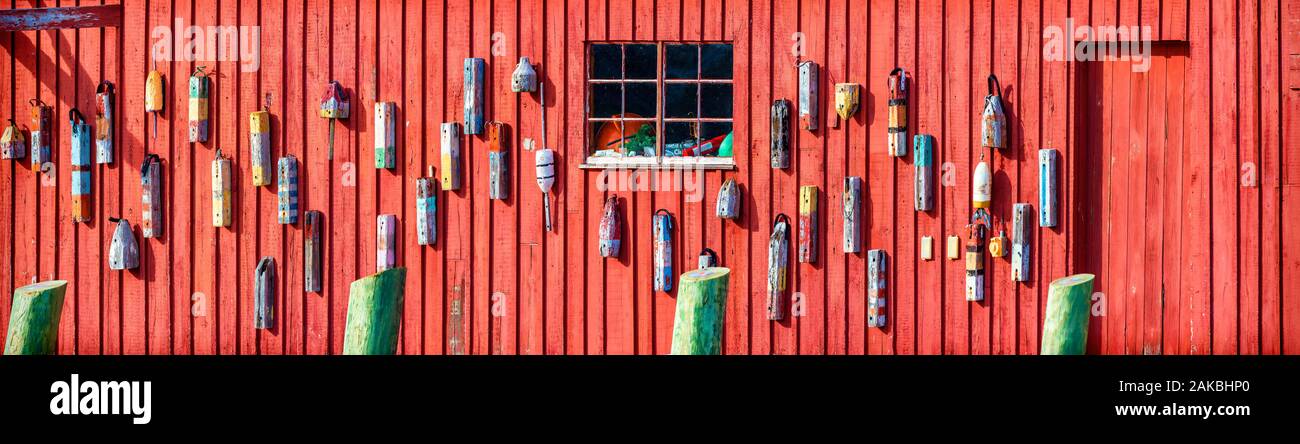 Buoys on fishing shack, East Coast, Massachusetts, USA Stock Photo