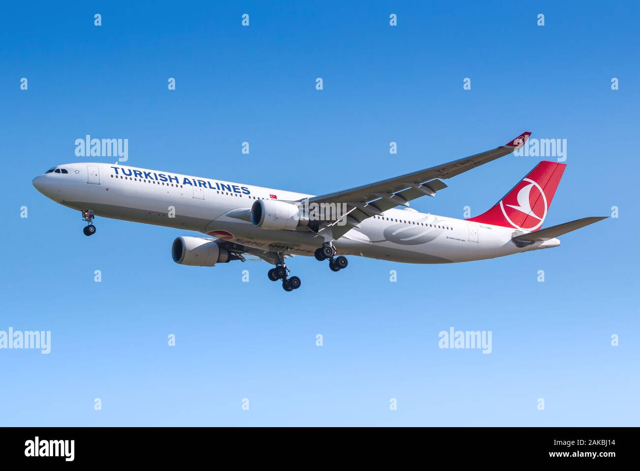 Paris, France - August 17, 2018: Turkish Airlines Airbus A330 airplane at Paris Charles de Gaulle airport (CDG) in France. Airbus is an aircraft manuf Stock Photo