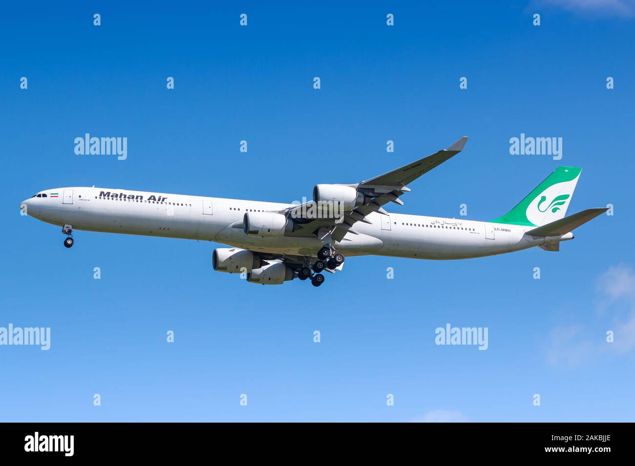 Paris, France - August 17, 2018: Mahan Air Airbus A340 airplane at Paris Charles de Gaulle airport (CDG) in France. Airbus is an aircraft manufacturer Stock Photo