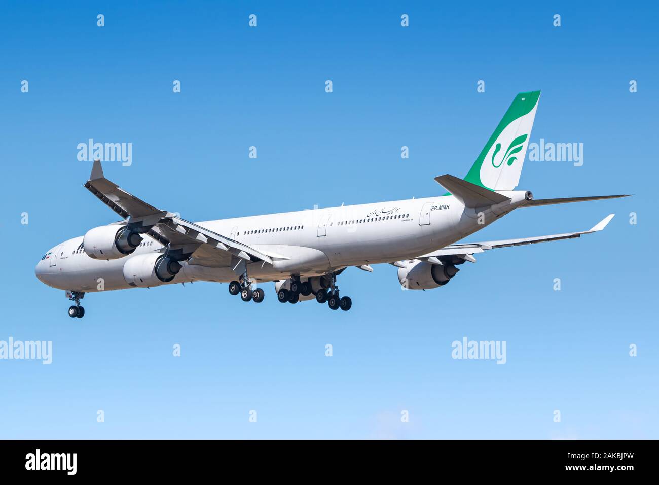 Paris, France - August 17, 2018: Mahan Air Airbus A340 airplane at Paris Charles de Gaulle airport (CDG) in France. Airbus is an aircraft manufacturer Stock Photo