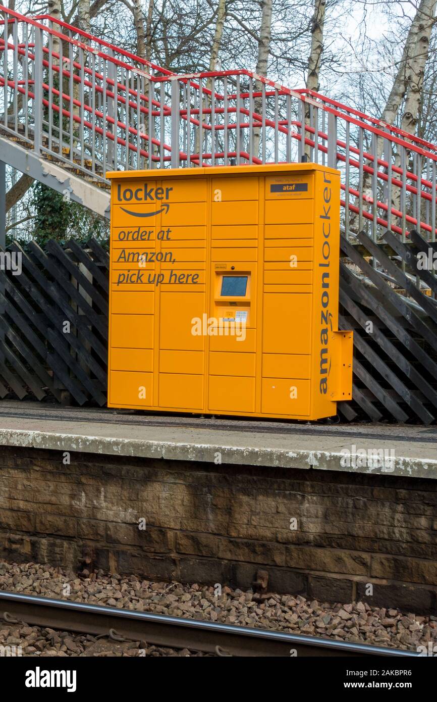 Amazon locker pick up point at Burley-in-Wharfedale railway station on the Leeds Bradford train line, West Yorkshire, UK Stock Photo