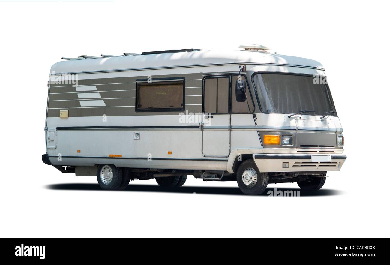 Old motorhome side view isolated on white Stock Photo