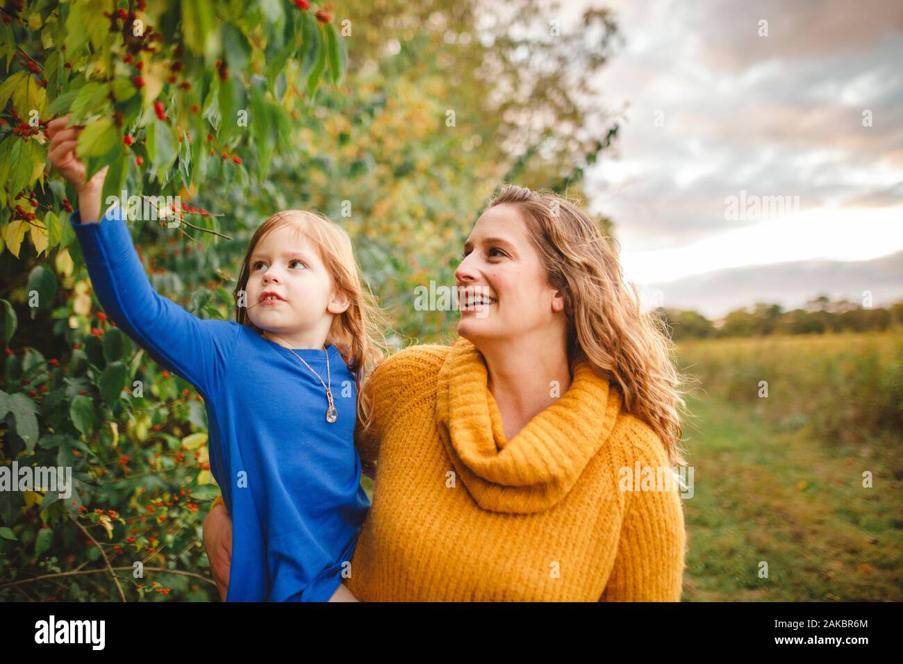 A happy woman holds her daughter up to explore red berries on a tree Stock Photo