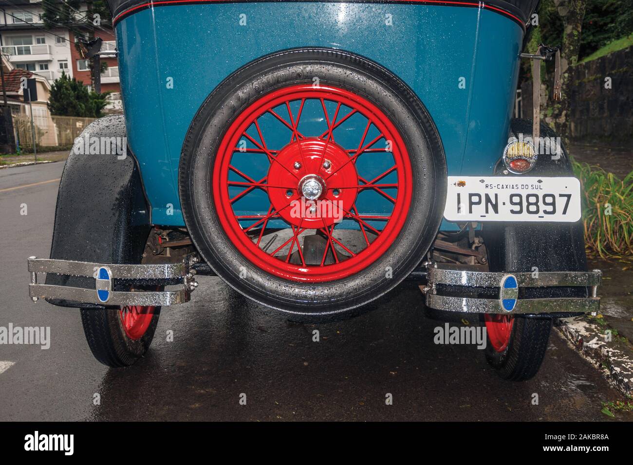 Detail of spare tire in the back of antique Ford 1929 car in perfect