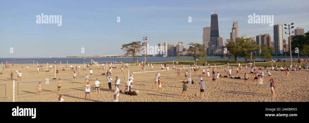 Group of people playing beach volleyball, North Avenue Beach, Chicago, Illinois, USA Stock Photo