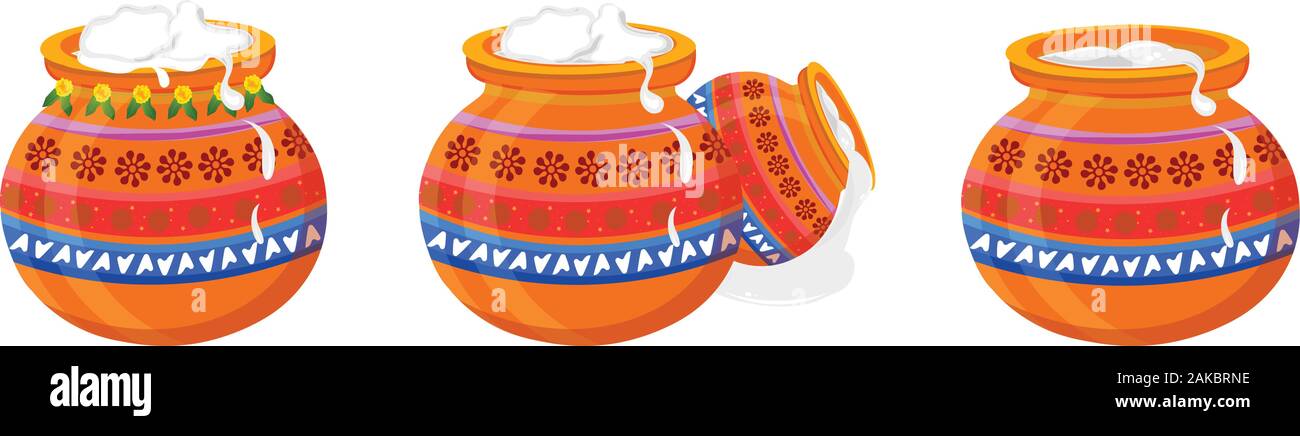 Set Of Traditional Pongal Mud Pot Decorated With Flowers Isolated