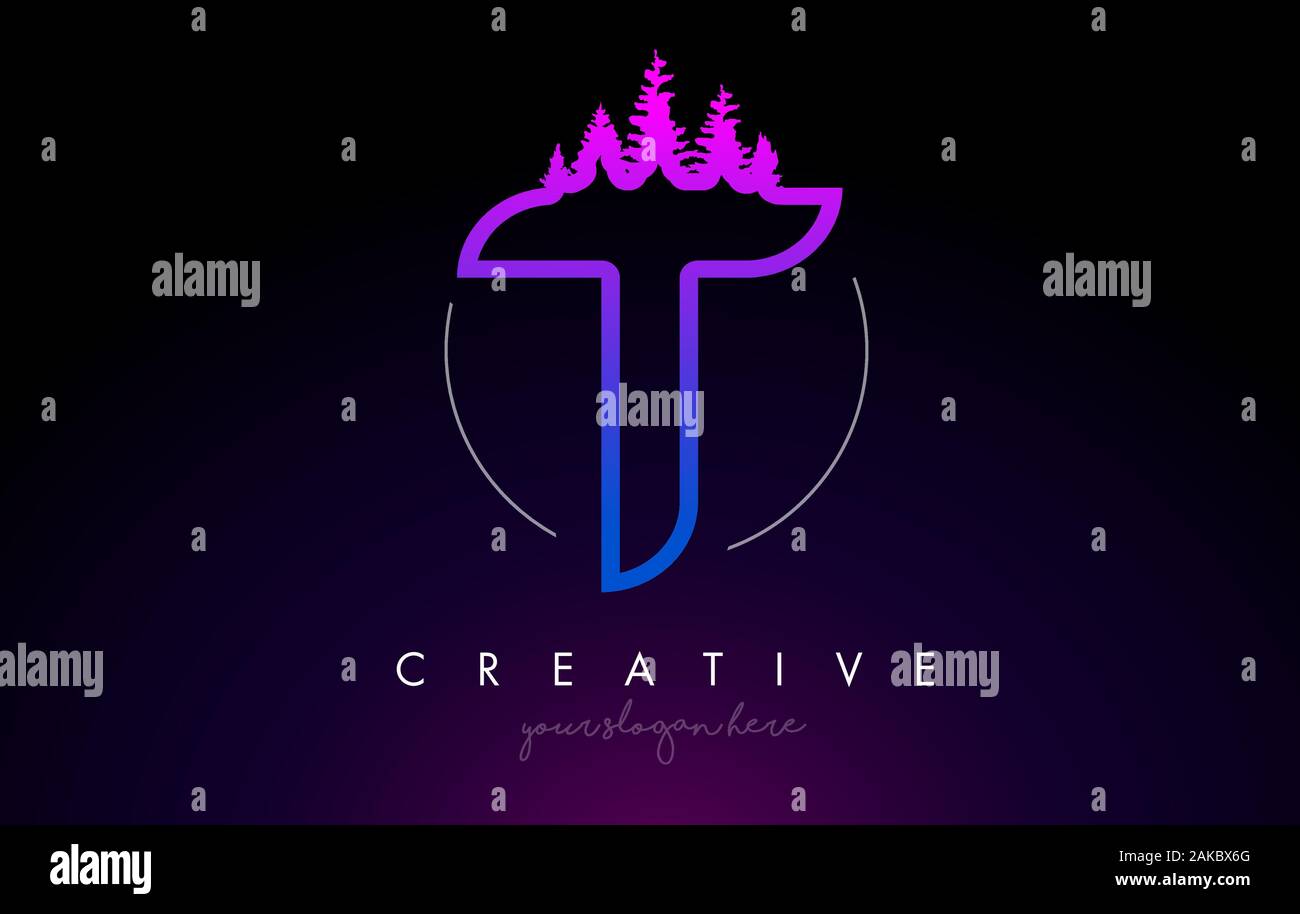 Creative T Letter Logo Idea With Pine Forest Trees. Letter T Design ...