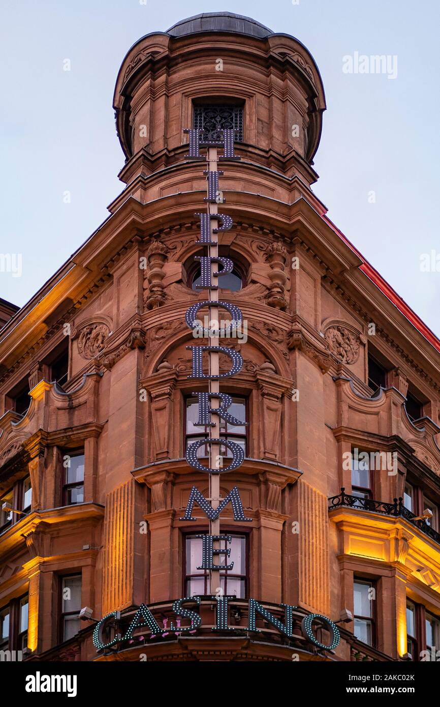 LONDON, UK -  JANUARY 27, 2019:  Sign above the Hippodrome Casino in Cranbourn Street Stock Photo