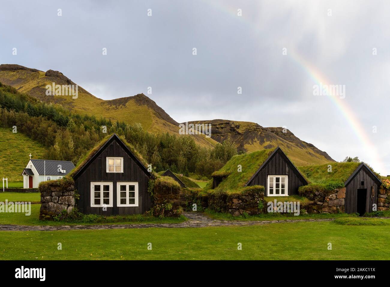 Iceland, Sudurland, Skogar, Skogar Museum, house, rainbow Stock Photo