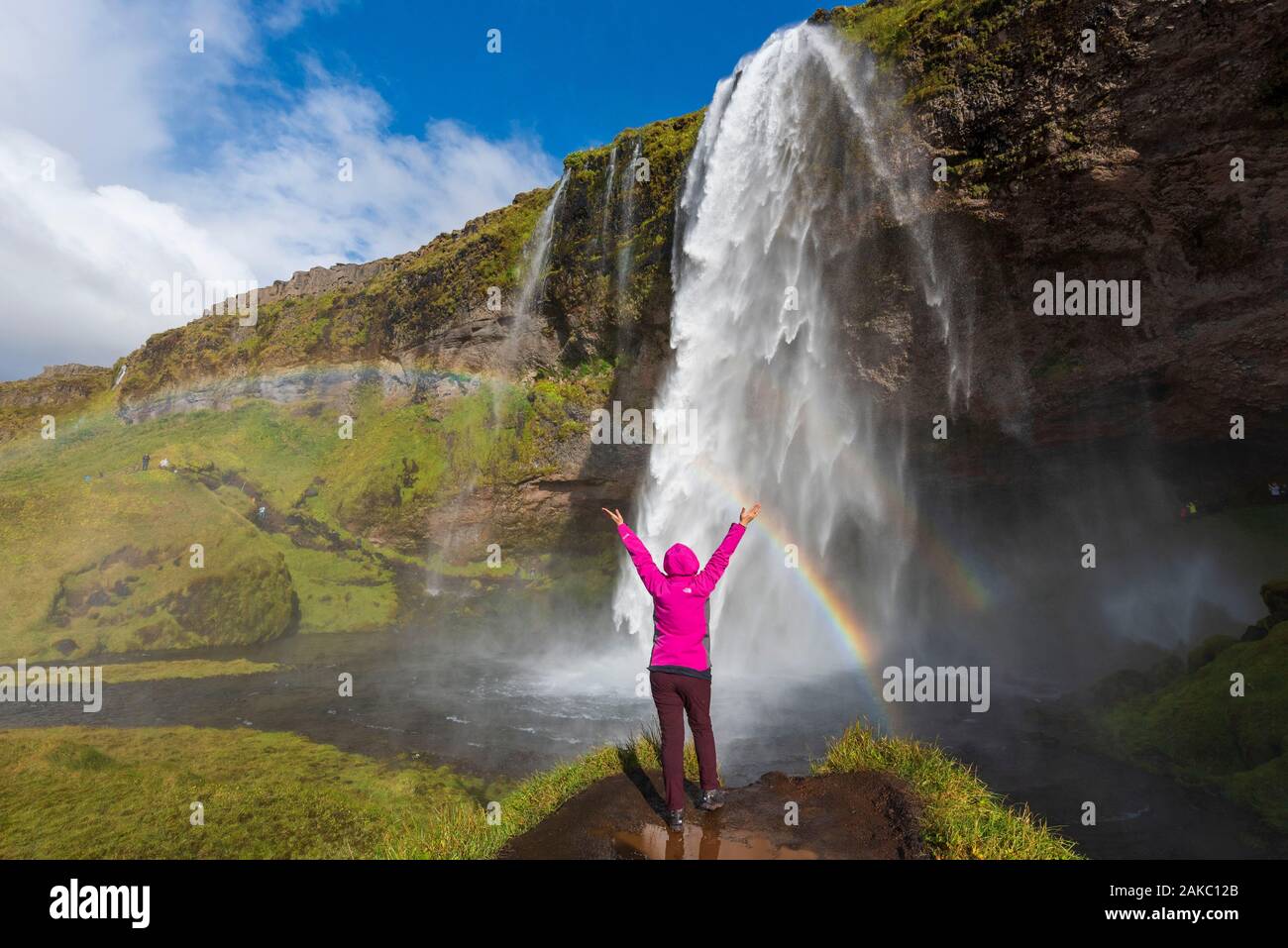 Iceland, Sudurland, Seljalandsfoss waterfall, rainbow Stock Photo