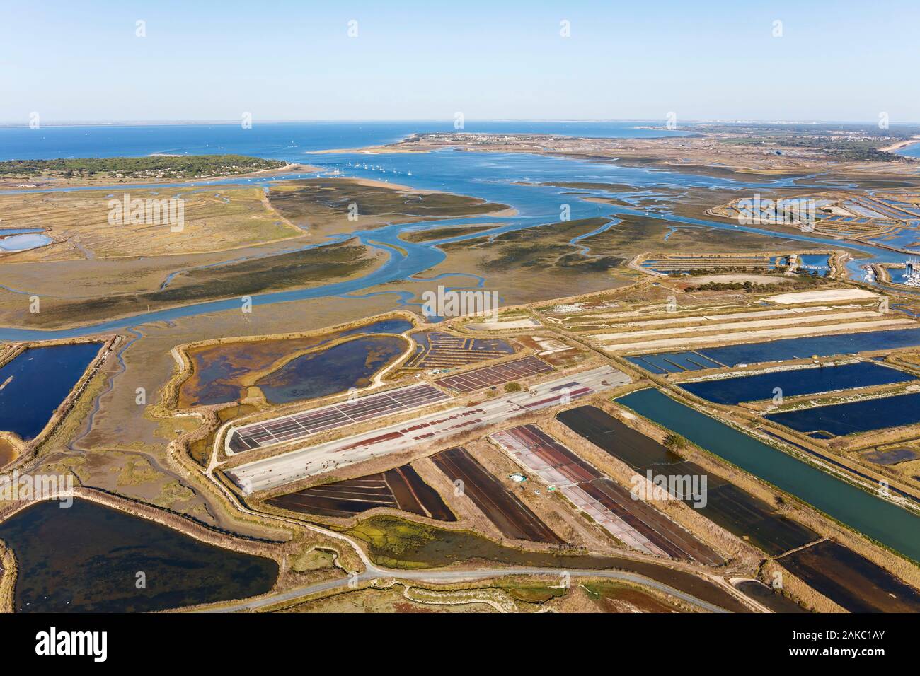 France, Charente Maritime, Ile de Re, Ars en Re, salt marshes (aerial view) Stock Photo
