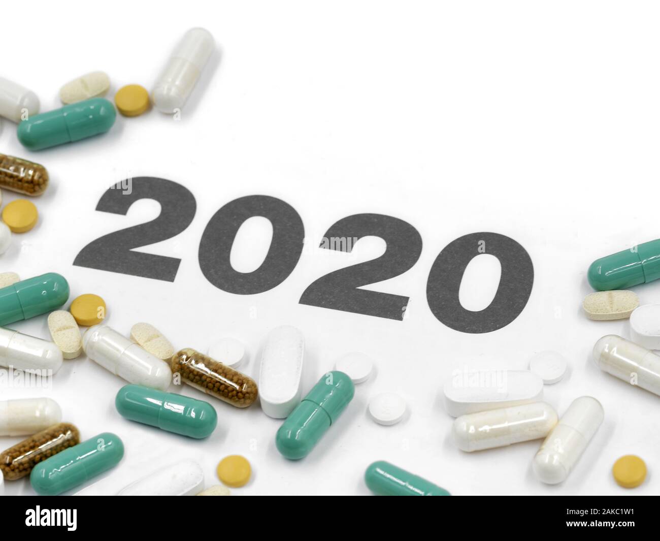 white calendar 2020 with various pills and copy space Stock Photo