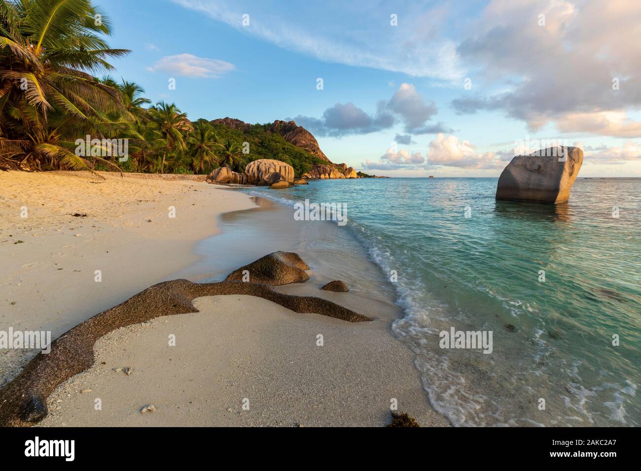 Seychelles, La Digue Island, sunset on the Anse Source d'Argent Stock Photo