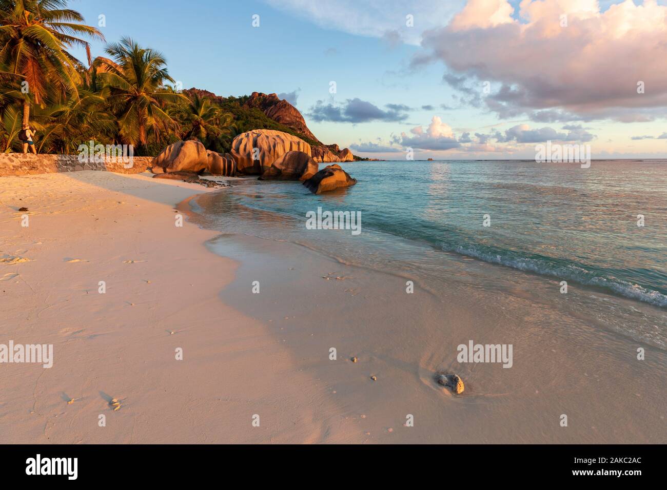 Seychelles, La Digue Island, sunset on the Anse Source d'Argent Stock Photo