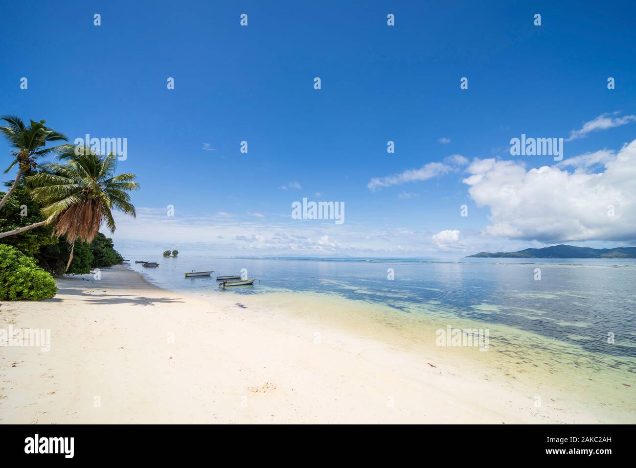 Seychelles, La Digue Island, coconut palms and fishing boats in the Anse de la Reunion Stock Photo