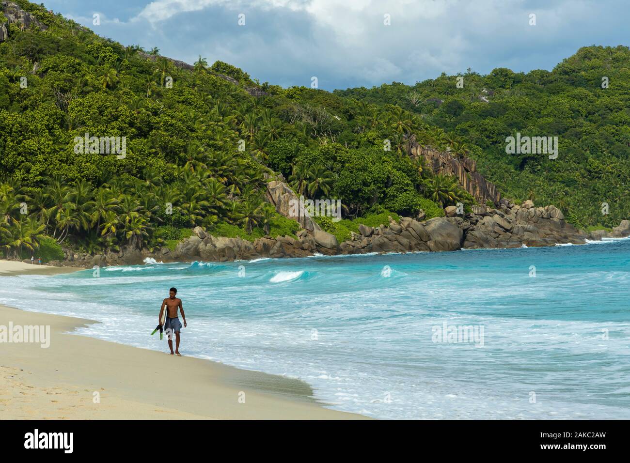 Seychelles, Mahe Island, bodyboarder in Police Bay Stock Photo