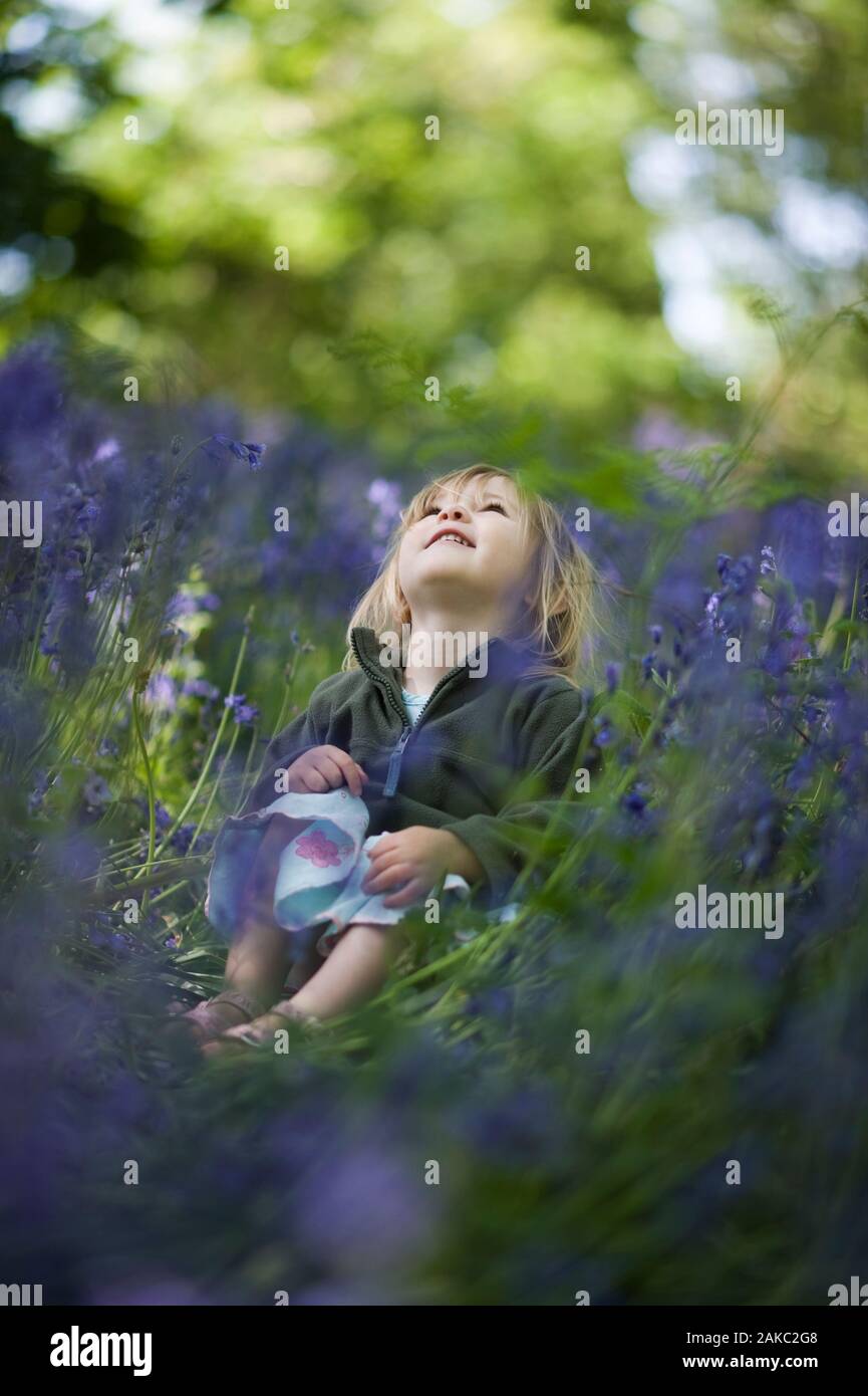 Young girl (Charlotte Tipling) exploring in Bluebell Wood Norfolk May - Model Released. Stock Photo