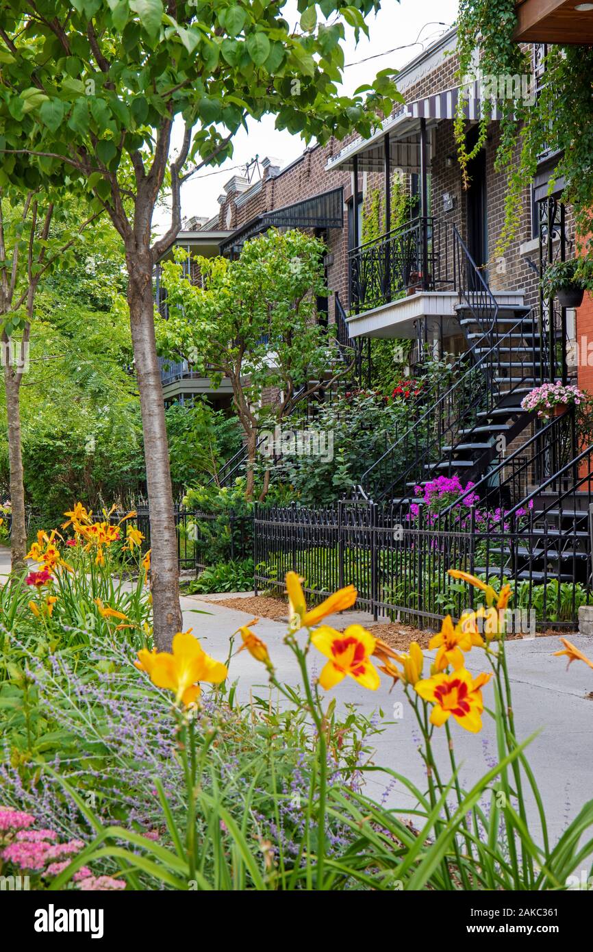 Canada, Province of Quebec, Montreal, Villeray-Saint-Michel-Parc-Extension borough, Villeray neighborhood, typical Montreal house with wrought iron exterior staircase and brick walls, small street garden Stock Photo