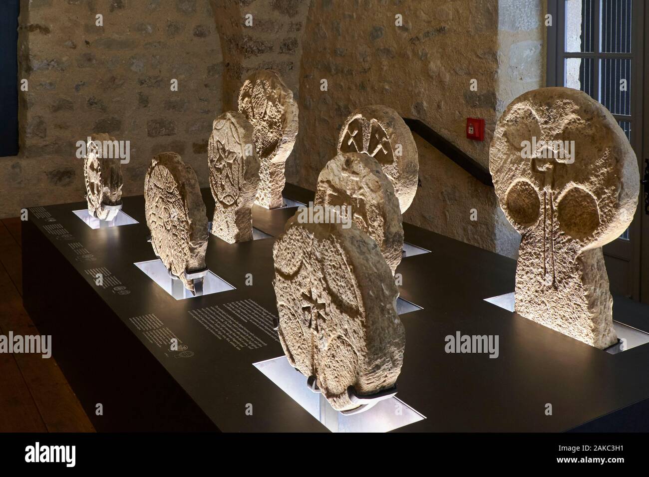 France, Herault, Lodeve, Museum of Modern Art, Archeology, Paleontology and Natural Sciences formerly called Fleury museum, Discoid steles of Usclas du Bosc from the Middle Ages Stock Photo