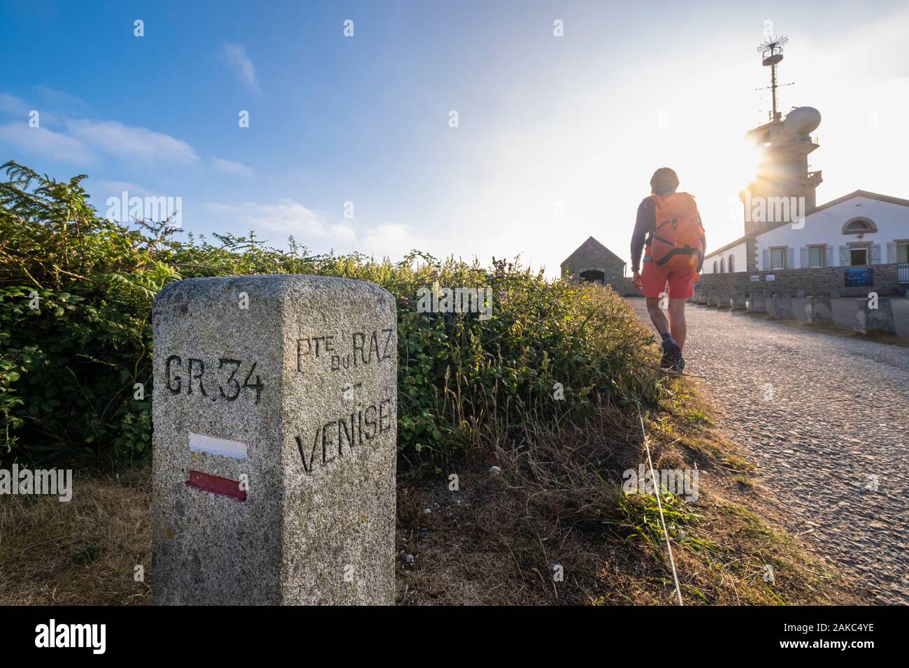 France, Finistere, Plogoff, Pointe du Raz, signposting of GR 34 hiking trail or customs trail and E5 European long distance path from Pointe du Raz to Venice Stock Photo