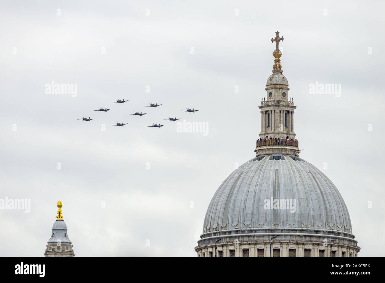RAF Tucanos in display formation flying over St. Pauls cathedral on the RAF 100th anniversary, London, UK Stock Photo