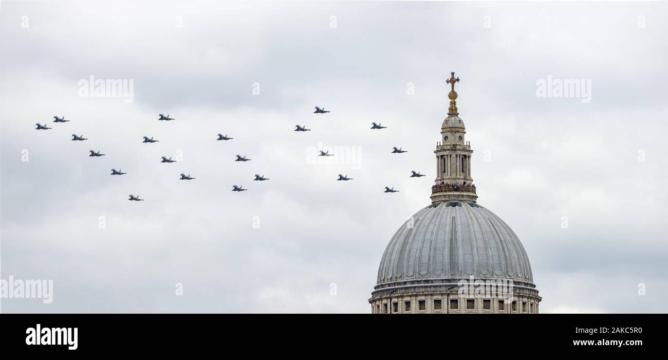 RAF Typhoons in display formation flying over St. Pauls cathedral on the RAF 100th anniversary, London, UK Stock Photo