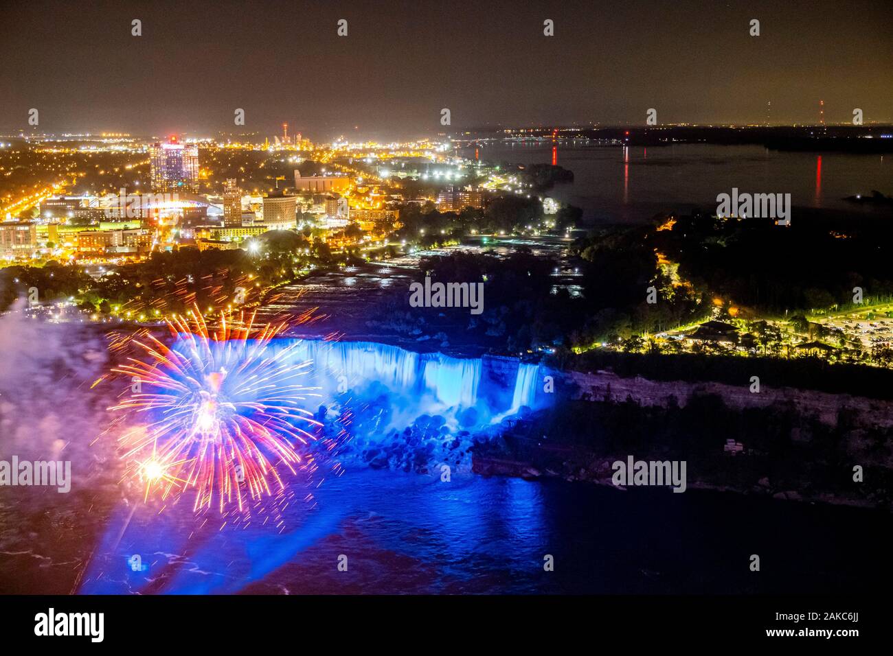 Canada, Ontario province, Niagara Falls, Night Horseshoe Falls lit up with fireworks Stock Photo