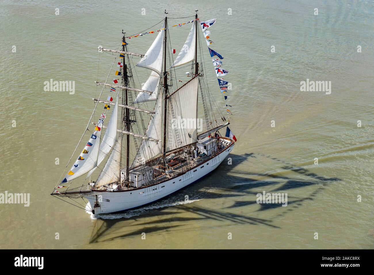 France, Seine Maritime, Tancarville, Armada of Rouen 2019, The three mast schooner Marité seen from the bridge of Tancarville Stock Photo