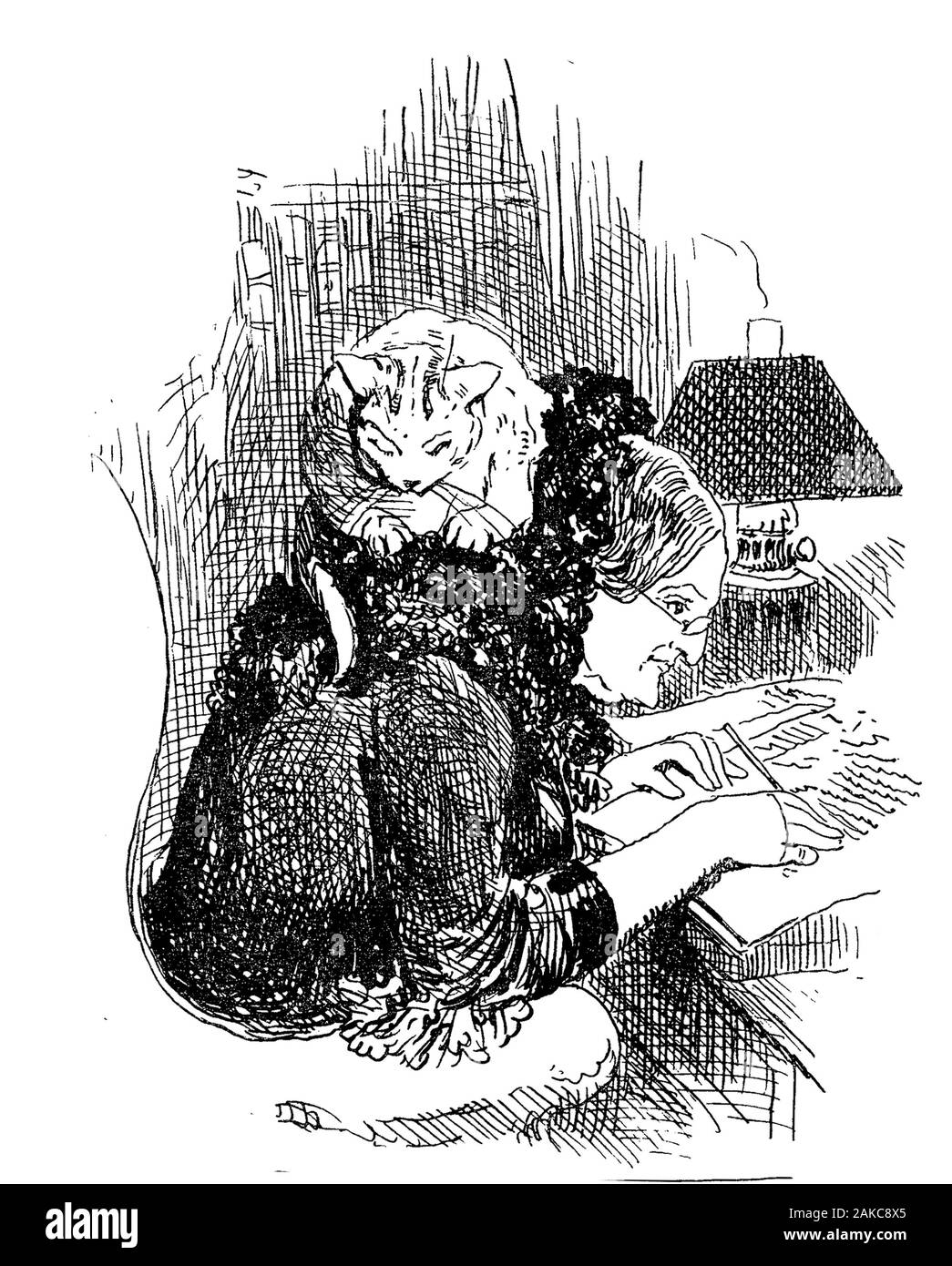 French humor and caricature: aged cat lover woman writing at  at home with the company of her purring kitty pet crouched on her shouders Stock Photo