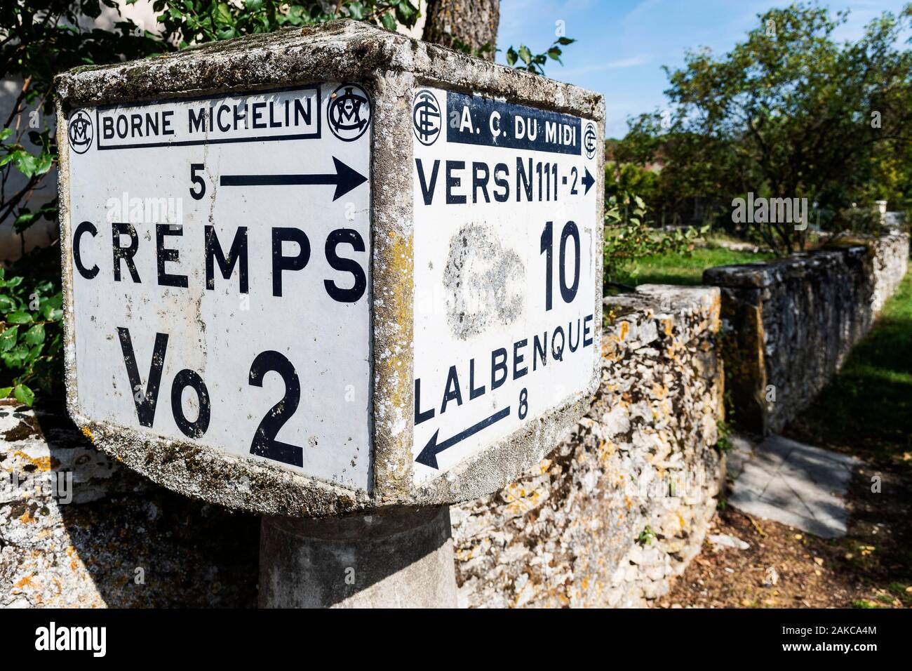 France, Occitania,Lot departement, old road sign by Michelin Stock Photo