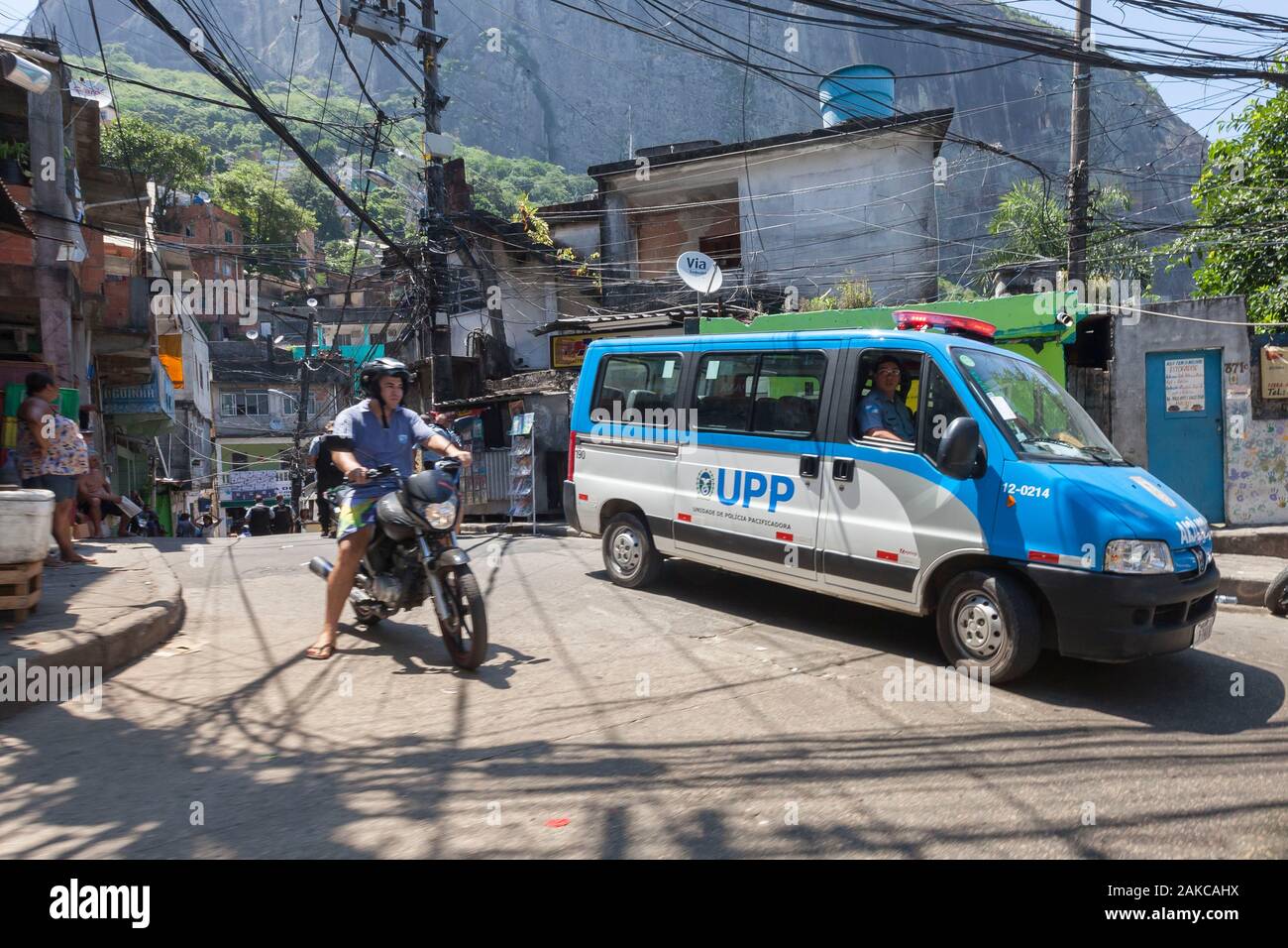 Brazil, state of Rio de Janeiro, city of Rio de Janeiro, favela Rocinha, Carioca landscapes between the mountain and the sea classified UNESCO World Heritage, UPP (Pacifying Police Unit) van patrolling Stock Photo