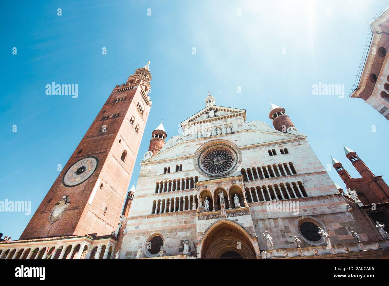 Ancient Cathedral of Cremona with famous Torrazzo bell tower and baptistery in Cremona, Lombardy, Italy Stock Photo