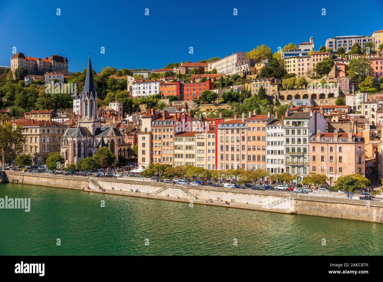 France, Rhone, Lyon, historic district listed as a UNESCO World Heritage site, Old Lyon, Quai Fulchiron on the banks of the Saone river, Saint Georges church and Saint-Just College on Fourviere hill Stock Photo