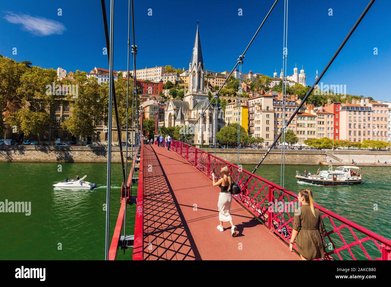 France, Rhone, Lyon, historic centre classified as a UNESCO World Heritage site, Paul Couturier footbridge over the Saone river, Saint-Georges church and Notre-Dame de Fourviere in the background Stock Photo