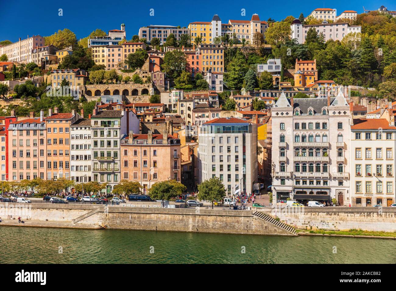 France, Rhone, Lyon, historic district listed as a UNESCO World Heritage site, Old Lyon, Quai Fulchiron on the banks of the Saone river, view of the Maison Blanchon Stock Photo