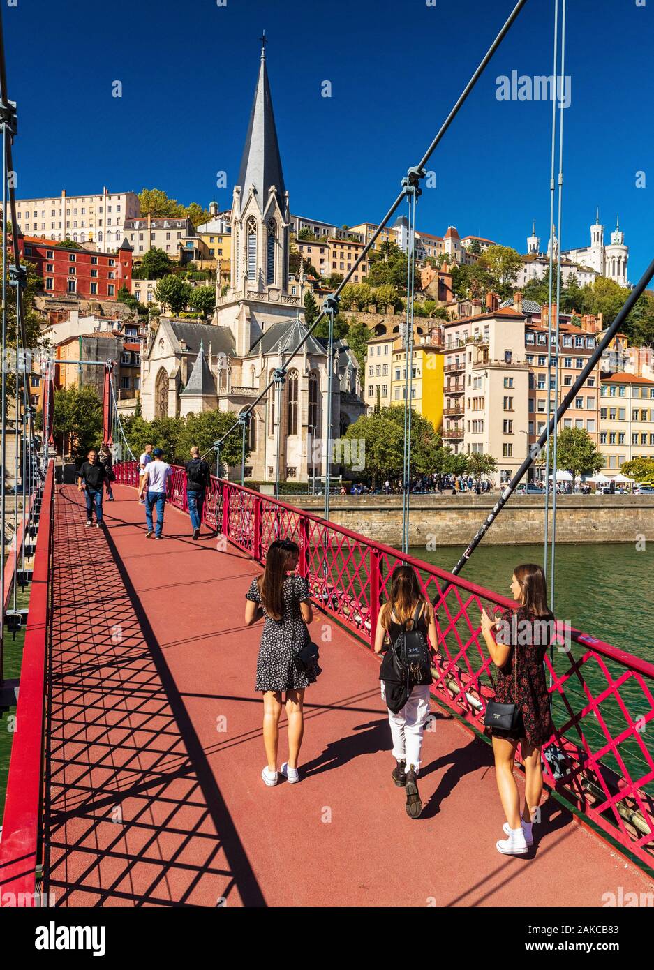 France, Rhone, Lyon, historic centre classified as a UNESCO World Heritage site, Paul Couturier footbridge over the Saone river, Saint-Georges church and Notre-Dame de Fourviere in the background Stock Photo