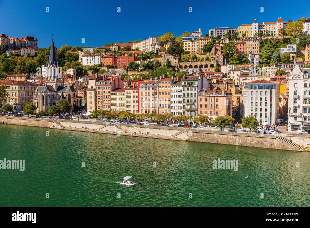 France, Rhone, Lyon, historic district listed as a UNESCO World Heritage site, Old Lyon, Quai Fulchiron on the banks of the Saone river, Saint Georges church, the Blanchon house and the Saint-Just high school on the Fourviere hill Stock Photo